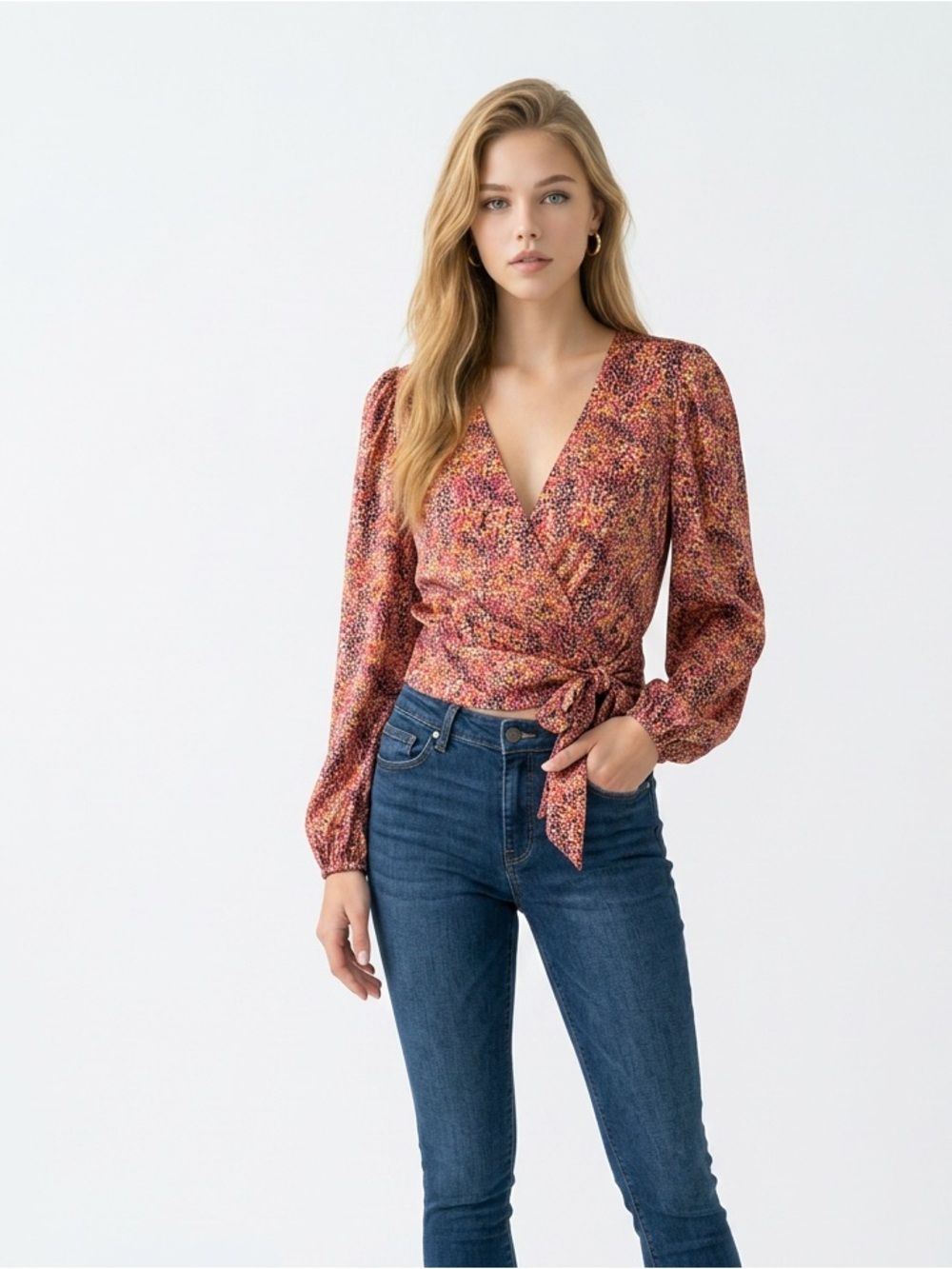 Express Red-Orange Floral Wrap Blouse
